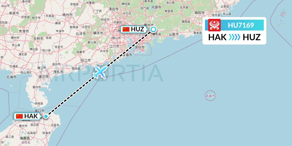 HU7169 Hainan Airlines Flight Map: Haikou to Huizhou