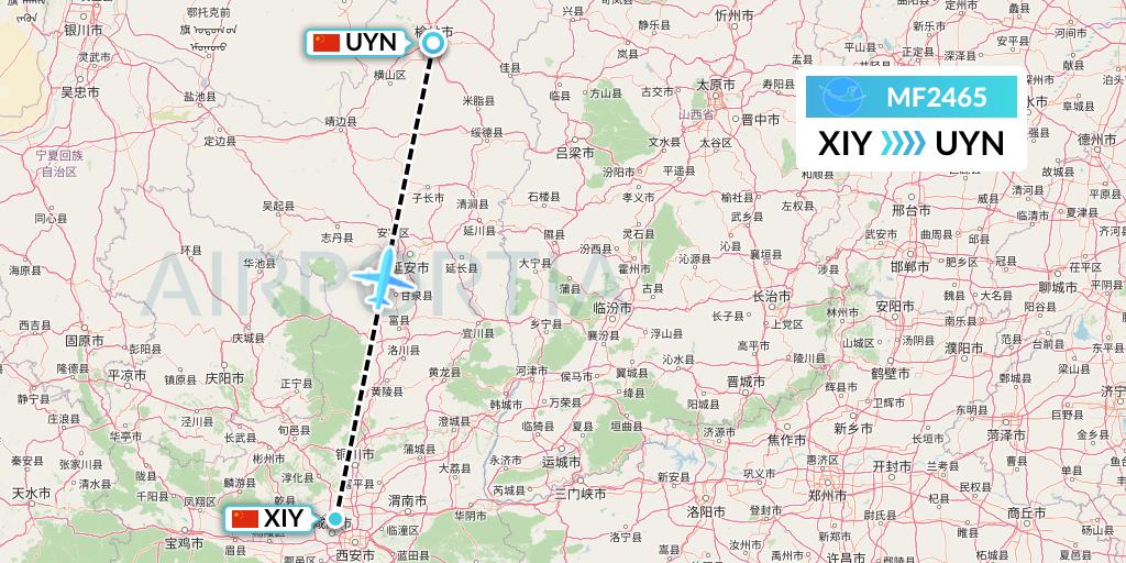 MF2465 Xiamen Airlines Flight Map: Xi'an to Yulin