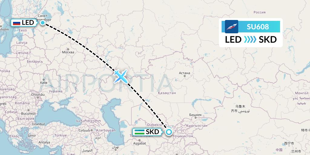 SU608 Aeroflot Flight Map: St. Petersburg to Samarkand