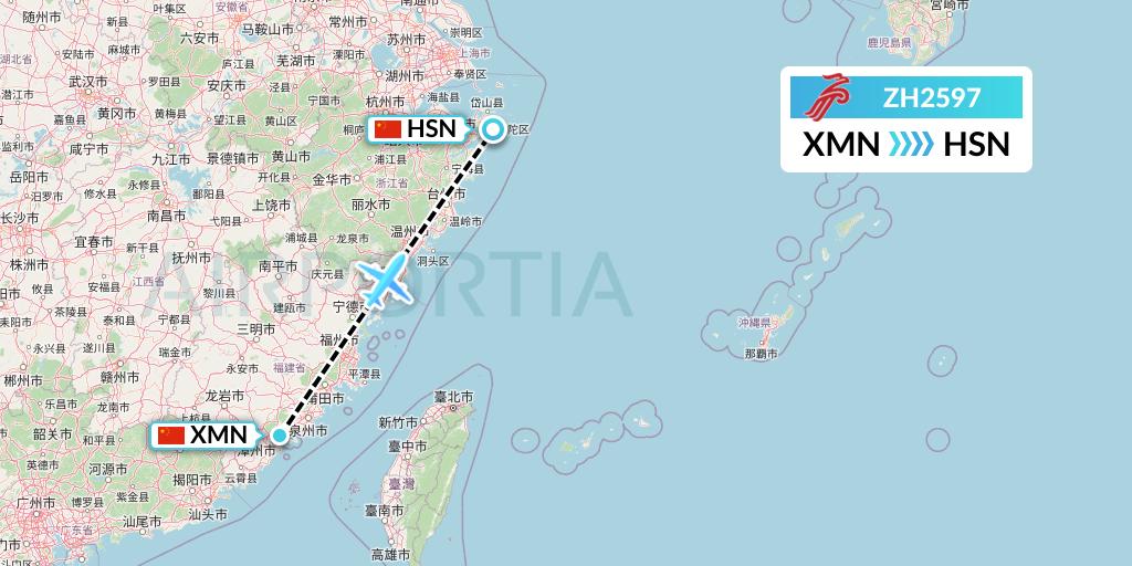 ZH2597 Shenzhen Airlines Flight Map: Xiamen to Zhoushan