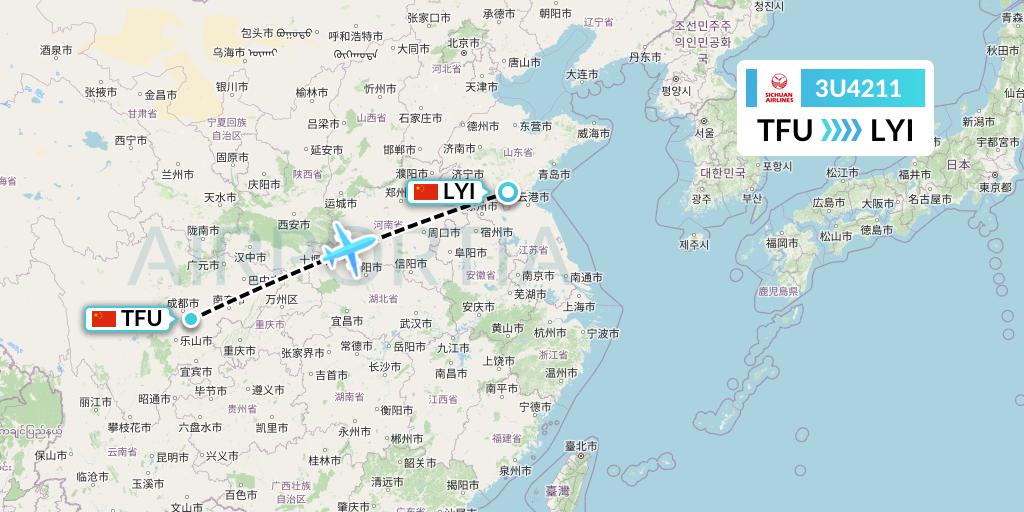3U4211 Sichuan Airlines Flight Map: Chengdu to Linyi