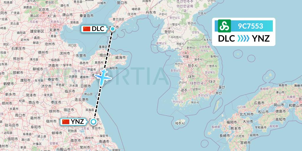 9C7553 Spring Airlines Flight Map: Dalian to Yancheng