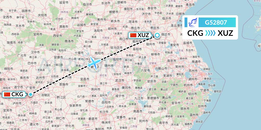 G52807 China Express Airlines Flight Map: Chongqing to Xuzhou