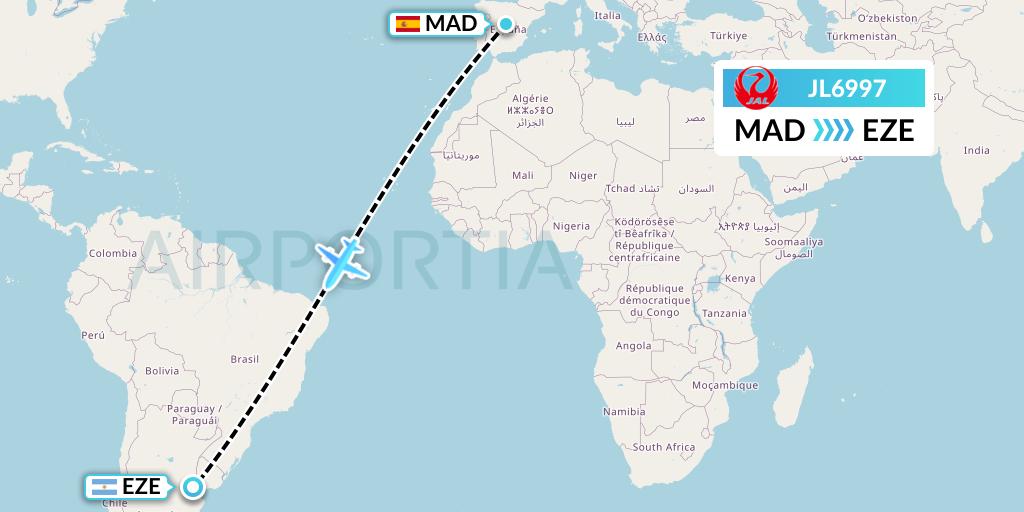 JL6997 Japan Airlines Flight Map: Madrid to Buenos Aires