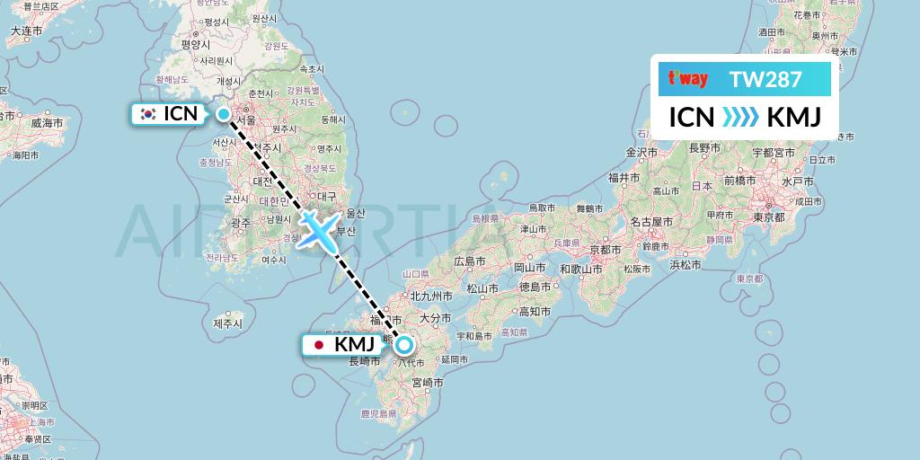 TW287 T'way Air Flight Map: Seoul to Kumamoto