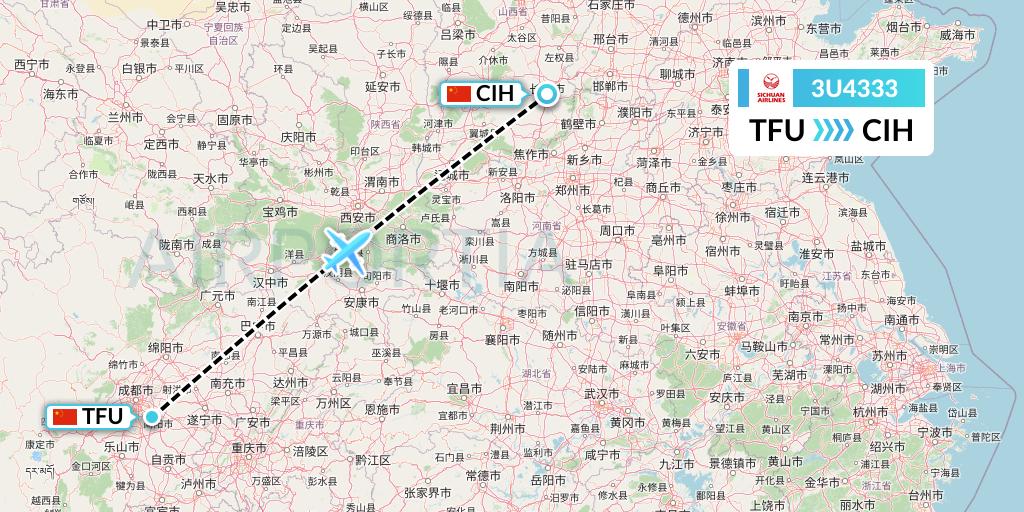 3U4333 Sichuan Airlines Flight Map: Chengdu to Changzhi