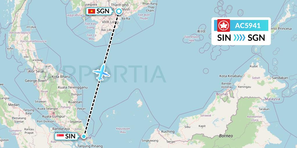 AC5941 Air Canada Flight Map: Singapore to Ho Chi Minh City