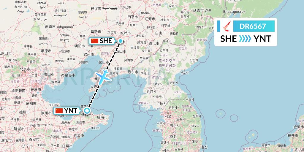 DR6567 Ruili Airlines Flight Map: Shenyang to Yantai