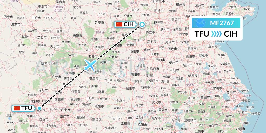 MF2767 Xiamen Airlines Flight Map: Chengdu to Changzhi