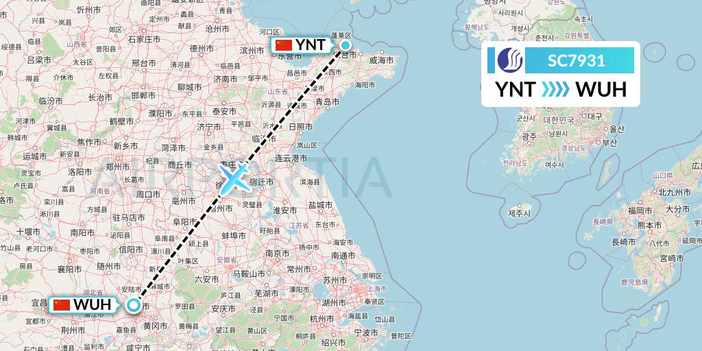 SC7931 Shandong Airlines Flight Map: Yantai to Wuhan