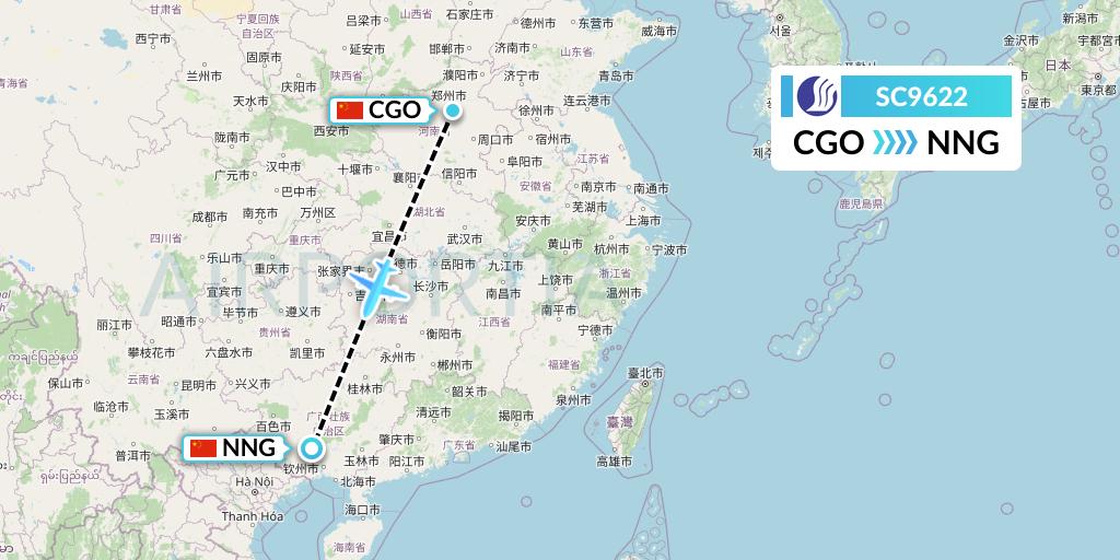 SC9622 Shandong Airlines Flight Map: Zhengzhou to Nanning