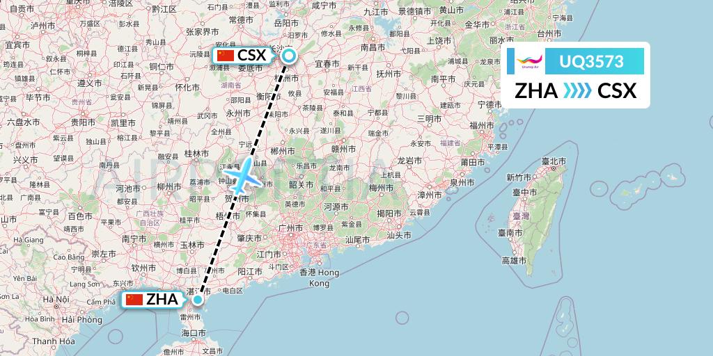 UQ3573 Urumqi Airlines Flight Map: Zhanjiang to Changsha