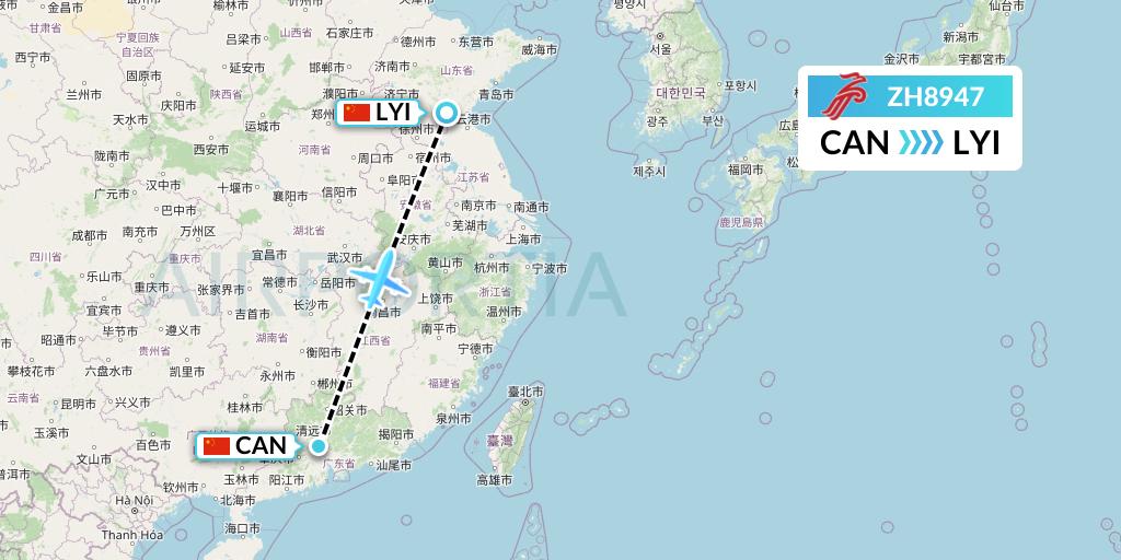 ZH8947 Shenzhen Airlines Flight Map: Guangzhou to Linyi