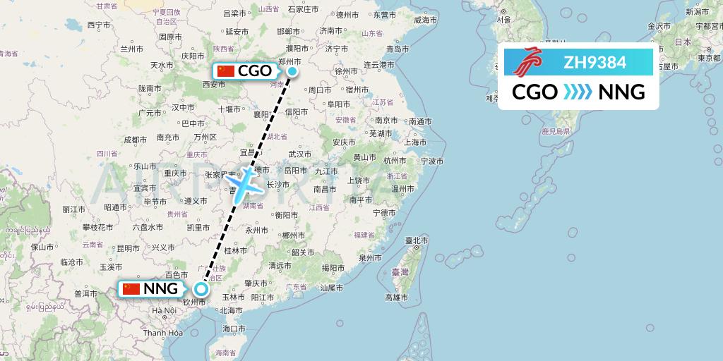 ZH9384 Shenzhen Airlines Flight Map: Zhengzhou to Nanning