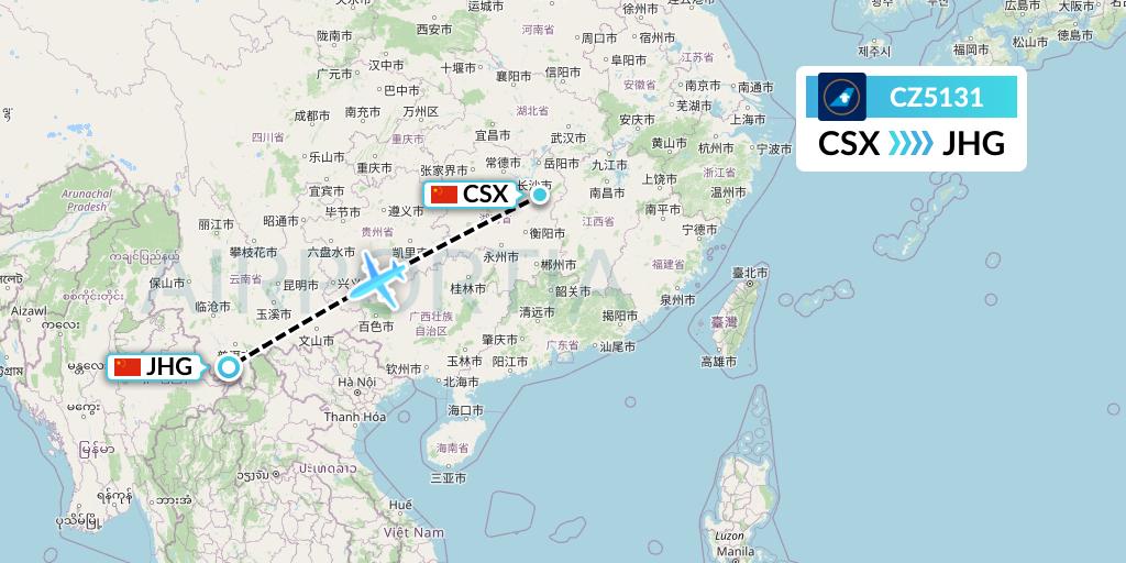 CZ5131 China Southern Airlines Flight Map: Changsha to Jinghong