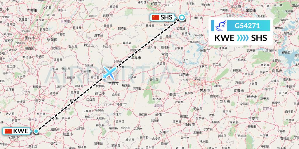 G54271 China Express Airlines Flight Map: Guiyang to Shashi