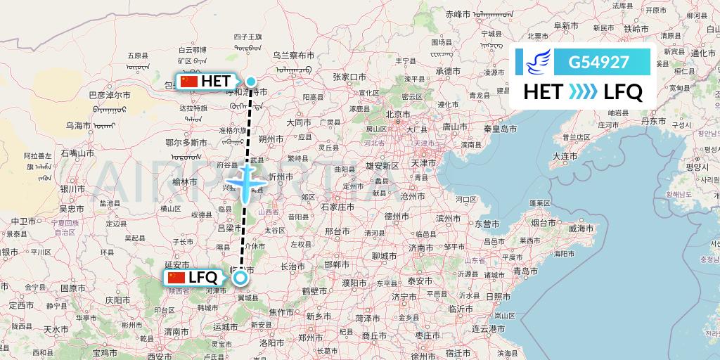 G54927 China Express Airlines Flight Map: Hohhot to Yulin