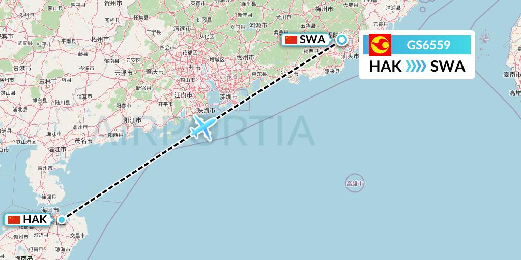 GS6559 Tianjin Airlines Flight Map: Haikou to Jieyang