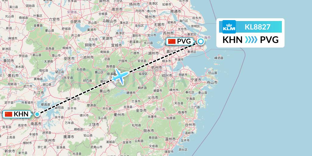 KL8827 KLM Flight Map: Nanchang to Shanghai