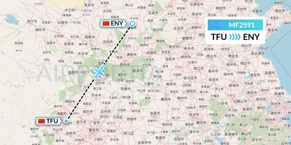 MF2591 Xiamen Airlines Flight Map: Chengdu to Yan'an