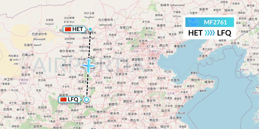 MF2761 Xiamen Airlines Flight Map: Hohhot to Yulin