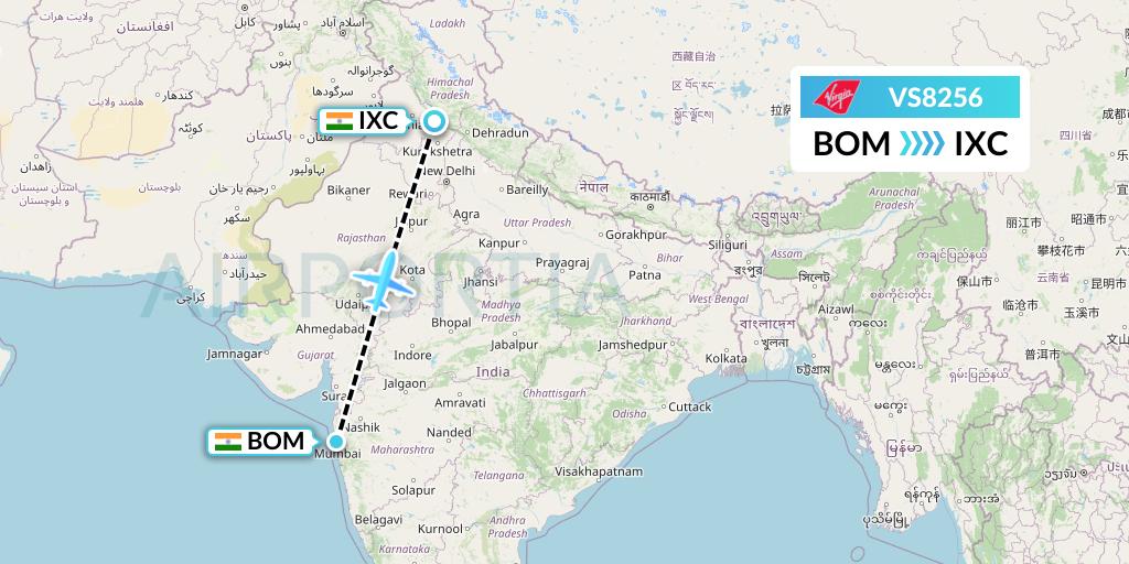 VS8256 Virgin Atlantic Airways Flight Map: Mumbai to Chandigarh