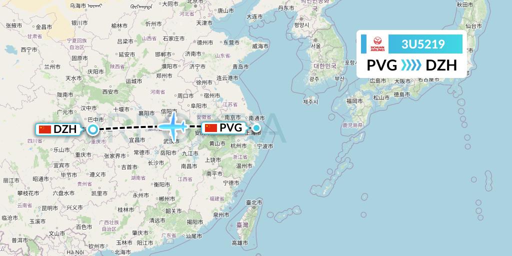 3U5219 Sichuan Airlines Flight Map: Shanghai to Dazhou