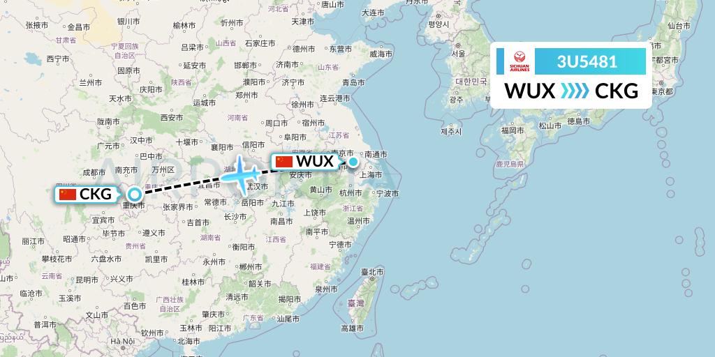 3U5481 Sichuan Airlines Flight Map: Wuxi to Chongqing