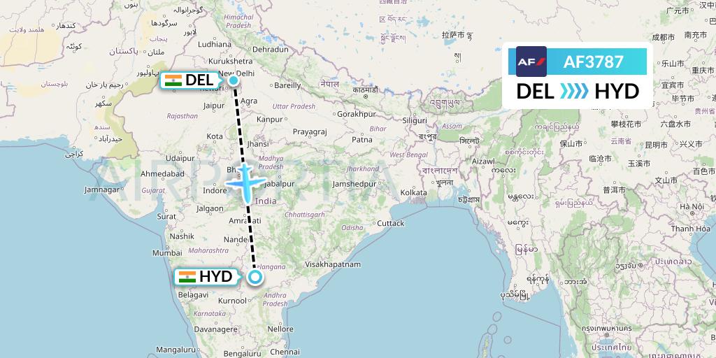 AF3787 Air France Flight Map: Delhi to Hyderabad