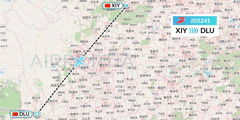 JD5241 Capital Airlines Flight Map: Xi'an to Dali