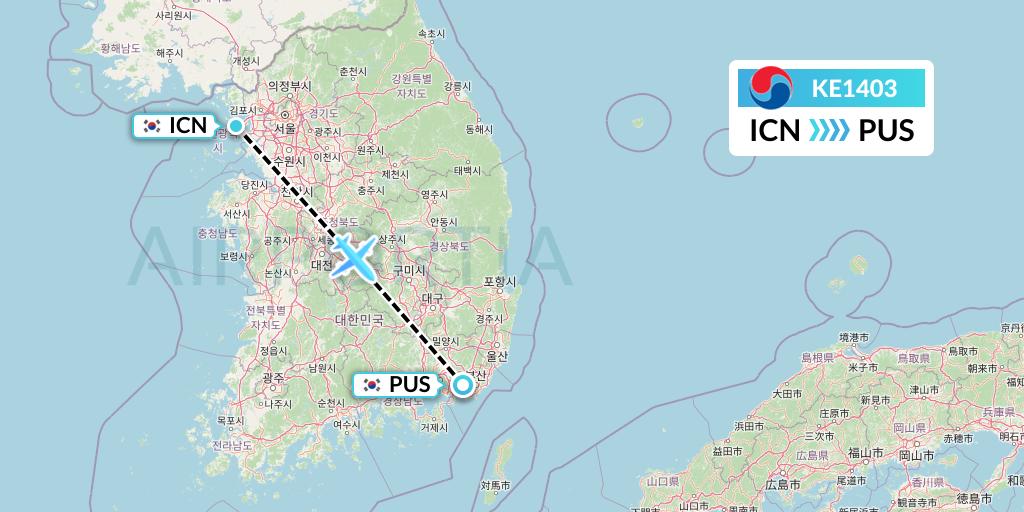 KE1403 Korean Air Flight Map: Seoul to Busan