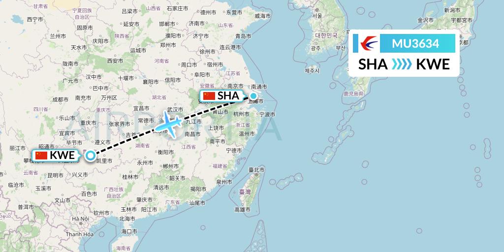 MU3634 China Eastern Airlines Flight Map: Shanghai to Guiyang