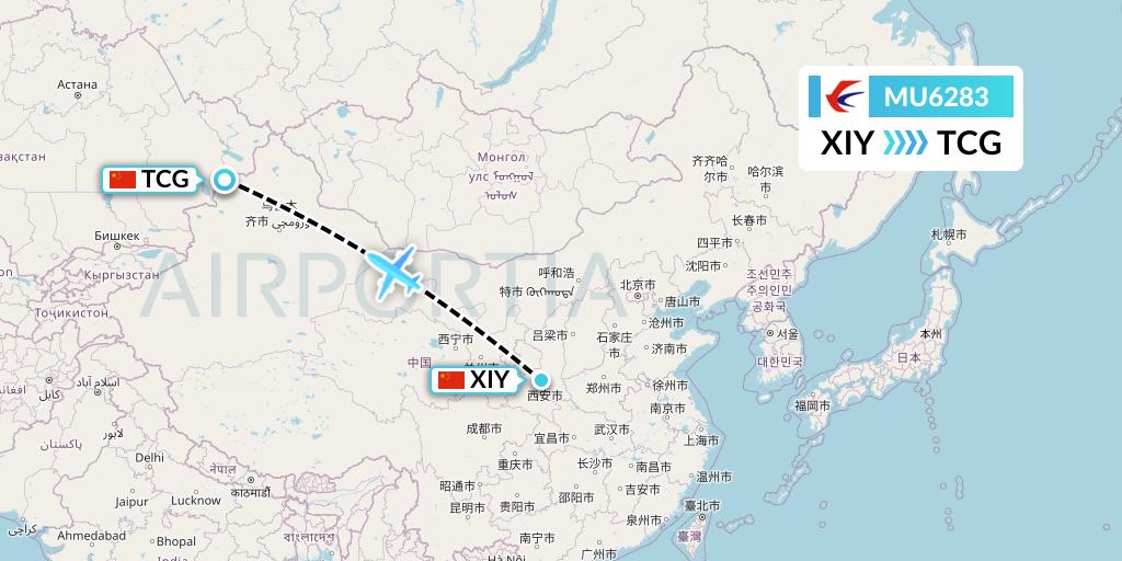 MU6283 China Eastern Airlines Flight Map: Xi'an to Tacheng