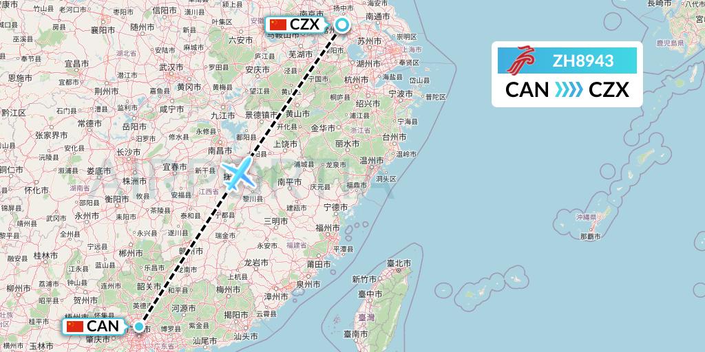 ZH8943 Shenzhen Airlines Flight Map: Guangzhou to Changzhou