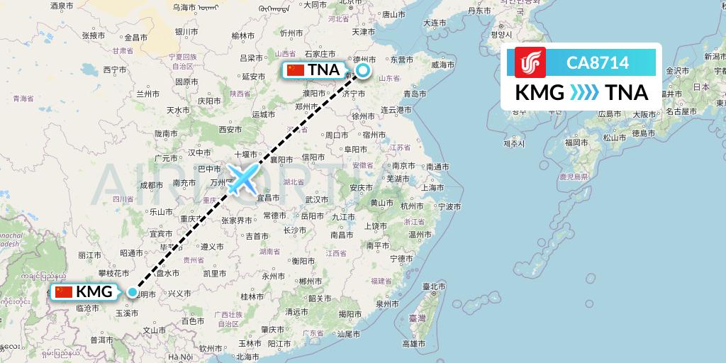 CA8714 Air China Flight Map: Kunming to Jinan