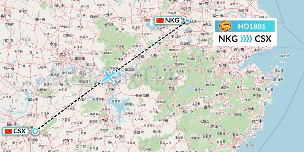 HO1801 Juneyao Airlines Flight Map: Nanjing to Changsha