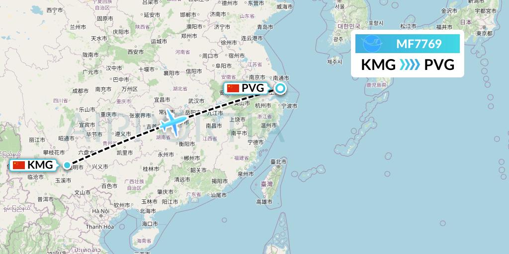 MF7769 Xiamen Airlines Flight Map: Kunming to Shanghai