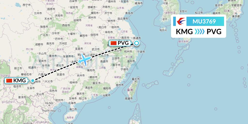 MU3769 China Eastern Airlines Flight Map: Kunming to Shanghai