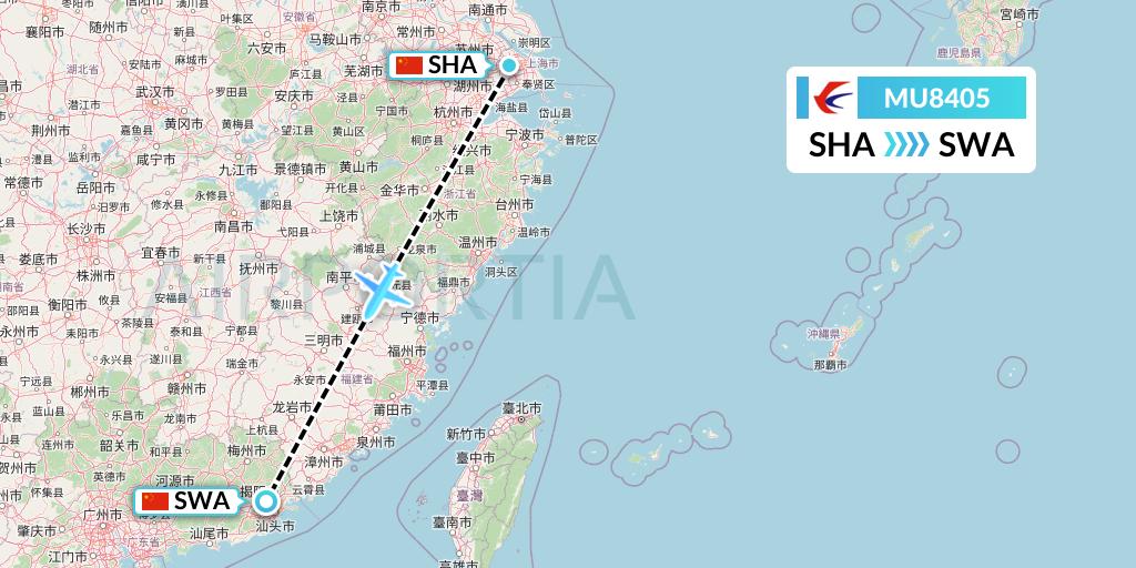 MU8405 China Eastern Airlines Flight Map: Shanghai to Jieyang