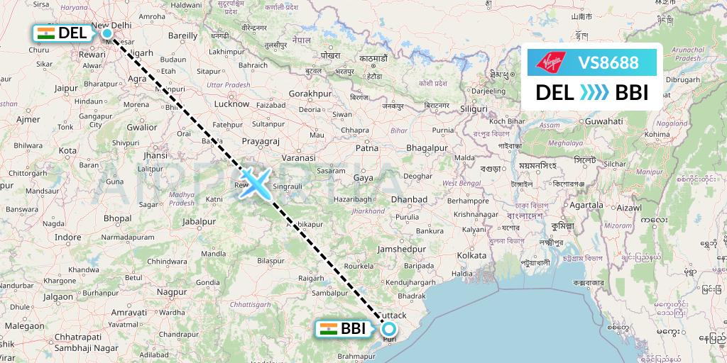 VS8688 Virgin Atlantic Airways Flight Map: Delhi to Bhubaneswar