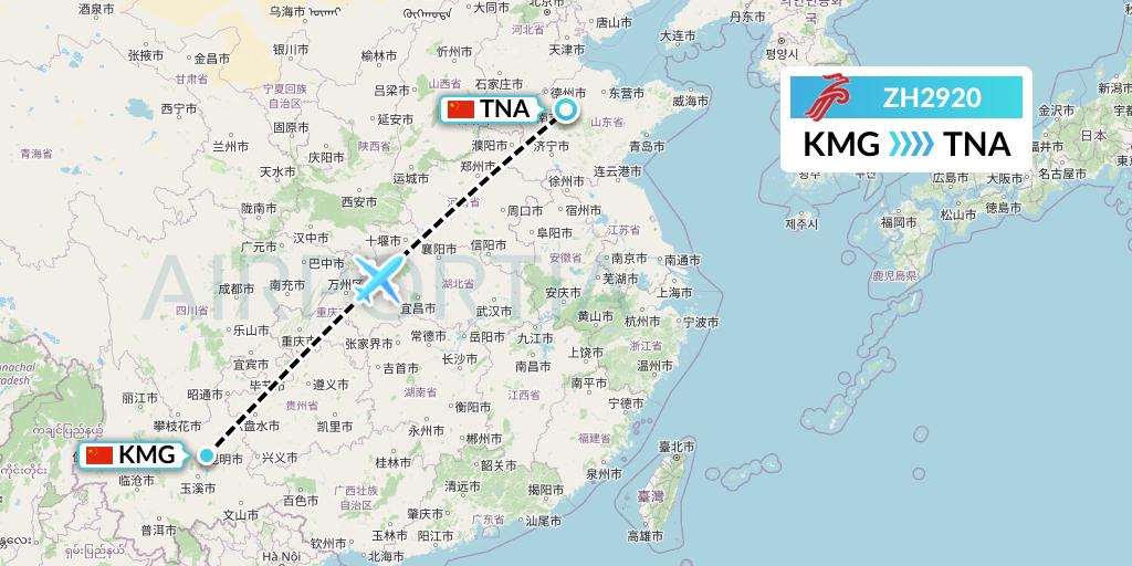 ZH2920 Shenzhen Airlines Flight Map: Kunming to Jinan