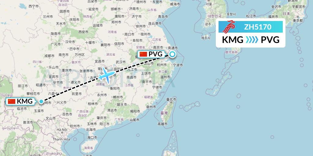 ZH5170 Shenzhen Airlines Flight Map: Kunming to Shanghai