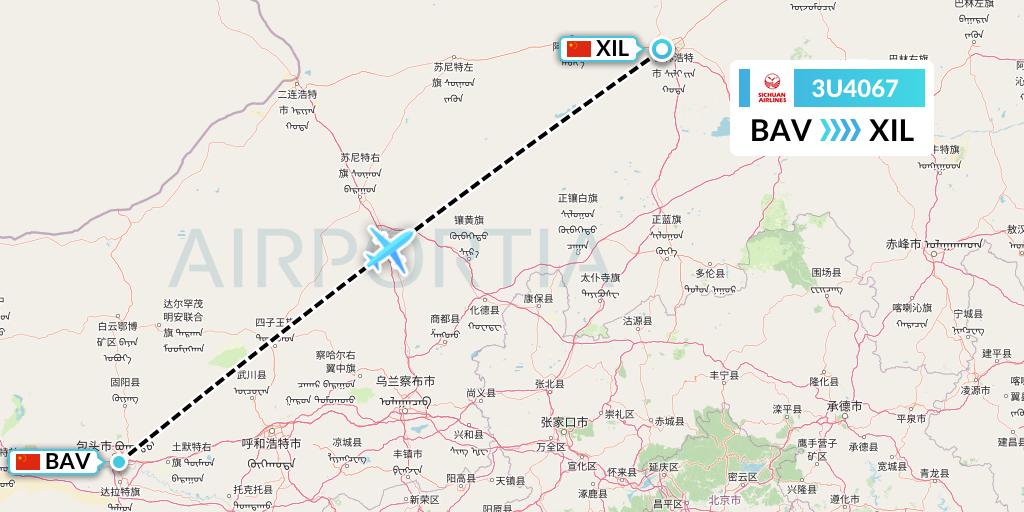 3U4067 Sichuan Airlines Flight Map: Baotou to Xilinhot
