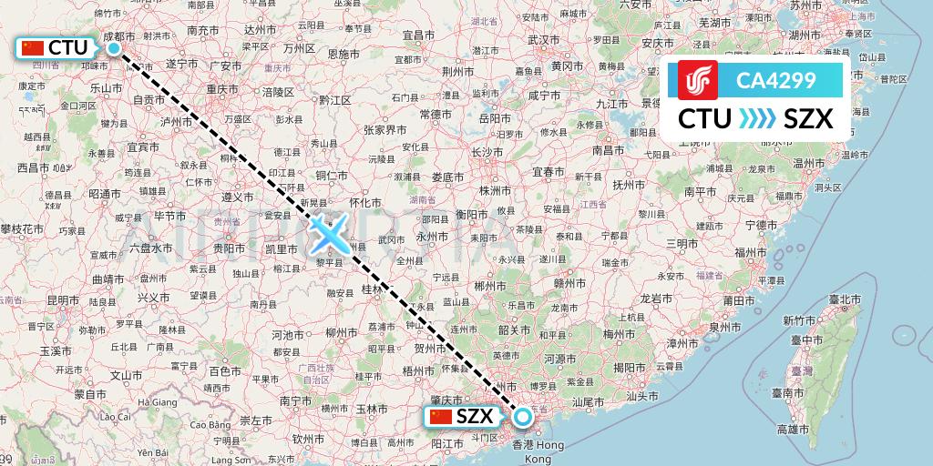 CA4299 Air China Flight Map: Chengdu to Shenzhen