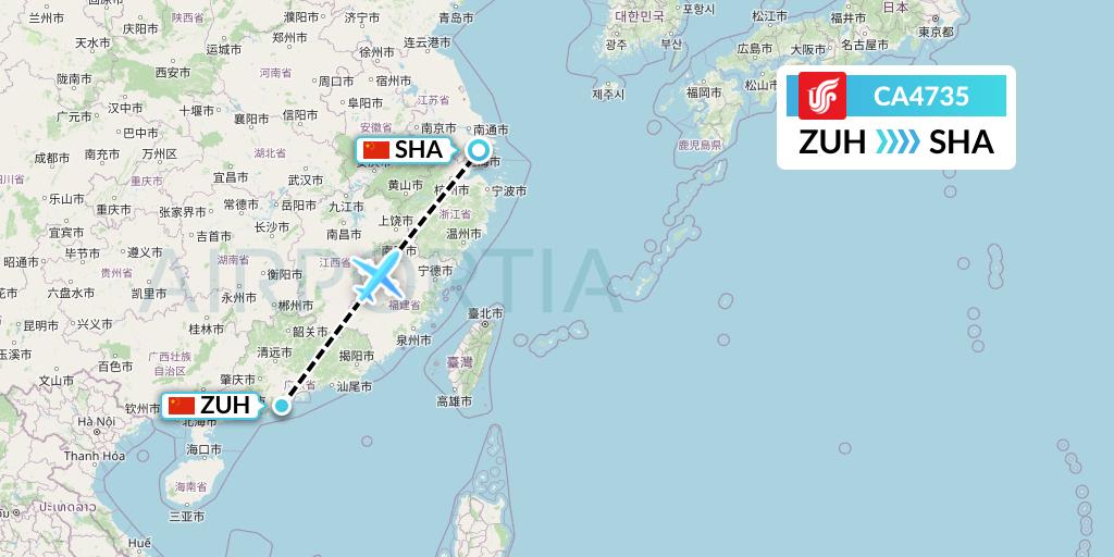 CA4735 Air China Flight Map: Zhuhai to Shanghai