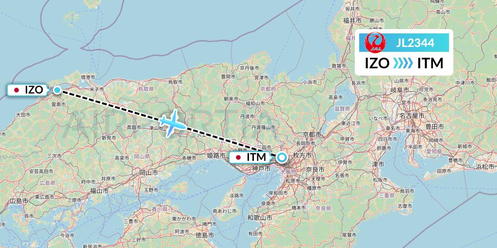 JL2344 Japan Airlines Flight Map: Izumo to Osaka
