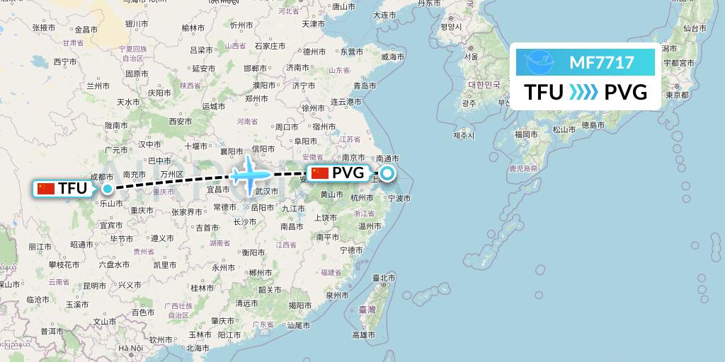 MF7717 Xiamen Airlines Flight Map: Chengdu to Shanghai
