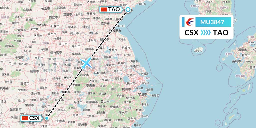 MU3847 China Eastern Airlines Flight Map: Changsha to Qingdao