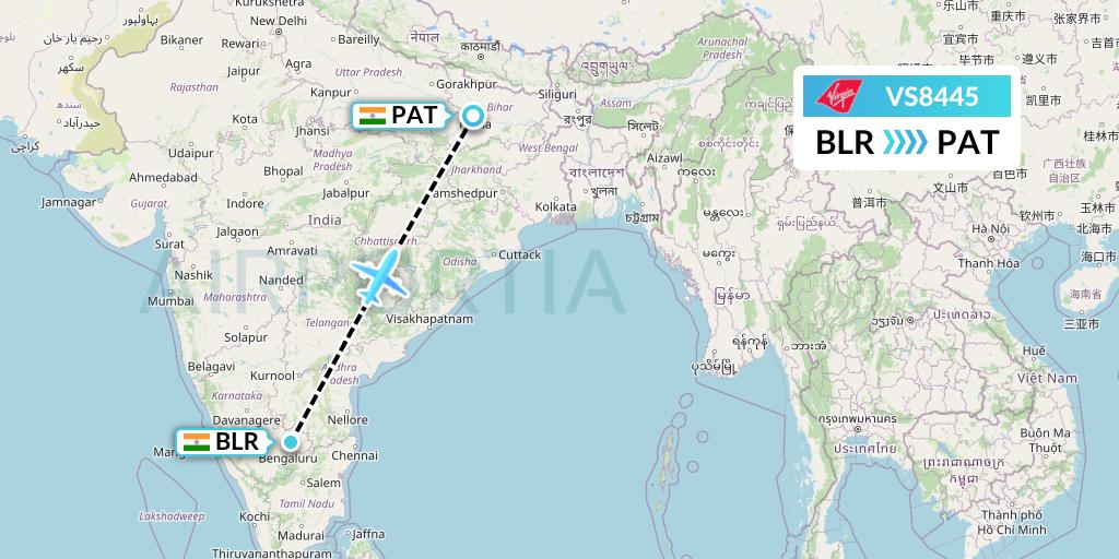 VS8445 Virgin Atlantic Airways Flight Map: Bangalore to Patna