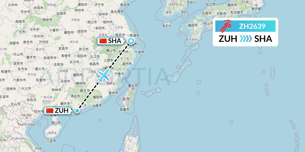 ZH2639 Shenzhen Airlines Flight Map: Zhuhai to Shanghai